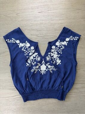 SEEK The Label Blue Embroidered Boho Crop Top Tassel Smocked Small